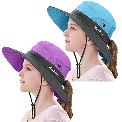 2 Pieces 5-14Y Kids Summer Sun Hat Wide Brim UV Protection for Girls Ponytail Beach Bucket Cap - color: Purple＆sky Blue