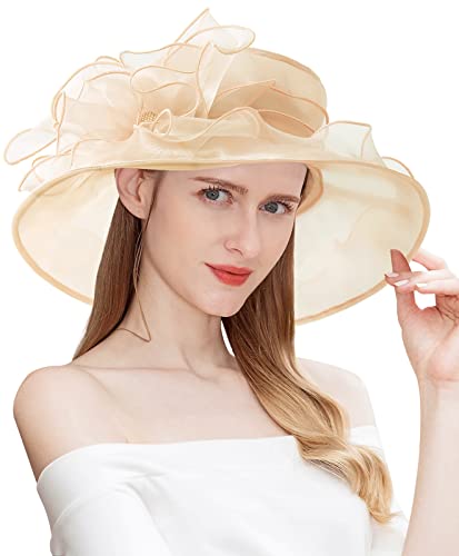 Women Derby Fascinator Hat Organza Church Wedding Hats Wide Brim Cocktail Tea Party Hat - color: 14 Beige