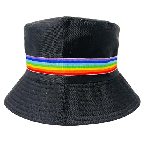 Pride Unisex Bucket Hat Reversible Double-Side-Wear Packable for Travel, Outdoors, and Beach - color: Black With Rainbow Band