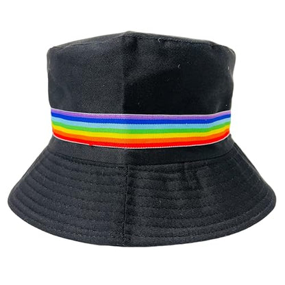 Pride Unisex Bucket Hat Reversible Double-Side-Wear Packable for Travel, Outdoors, and Beach - color: Black With Rainbow Band