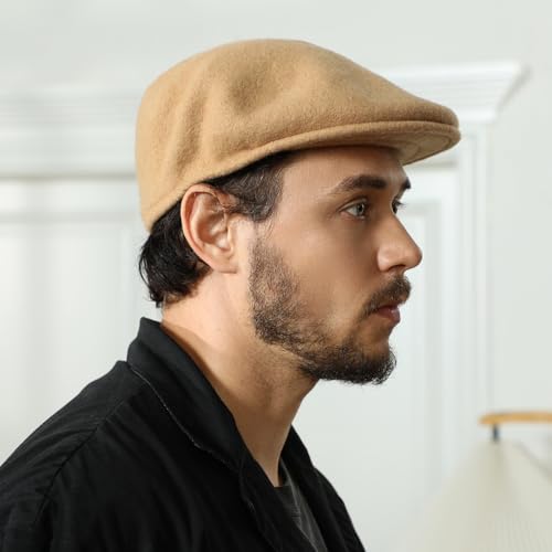 Wool Blend Mens Newsboy Caps, Classic Flat Cap Ivy Cabbie Gatsby Hat Winter Beret Hat for Men - color: Khaki