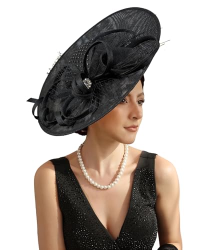 Unpifolov Fascinators Hats Elegant Women Flower Mesh Feathers Wedding Cocktail Bride Headband for Derby Hat Tea Party - color: Black