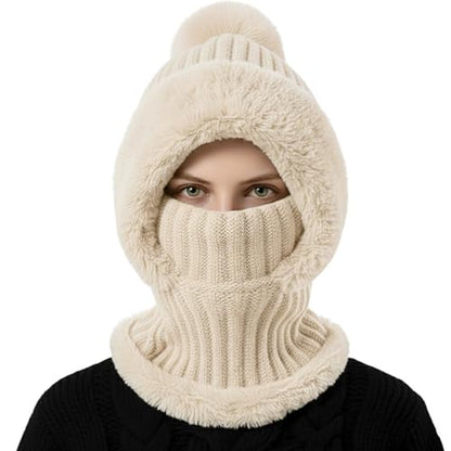 AQOKKA 3 in 1 Knit Fleece Lined Beanie Hat with Scarf and Mask Warm - color: Beige
