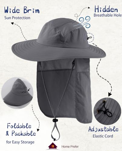Home Prefer UPF 50+ Sun Hat with Neck Flap Wide Brim Fishing Hat for Men - color: Dark Gray
