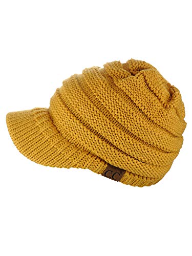 C.C Warm & Thick Cable Knitted Brim Visor Beanie Cap - color: Mustard