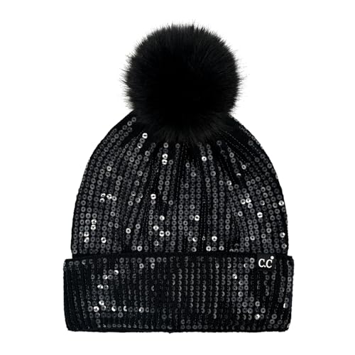 C.C Sequin Pom Beanie for Women - Acrylic Stretchable Soft Warm Knit Winter Skully Hat with Yarn Pom - color: Clear Sequin-black