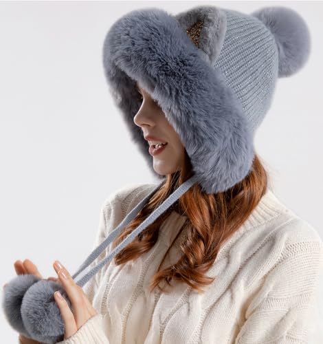 Outdoor Warm Earflap Beanie Hat with Brim Baseball Slouchy Knitted Visor Skull Caps for Women Men Black - color: Grey