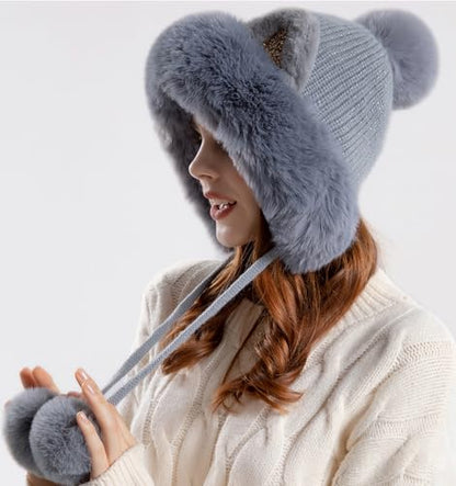 Outdoor Warm Earflap Beanie Hat with Brim Baseball Slouchy Knitted Visor Skull Caps for Women Men Black - color: Grey