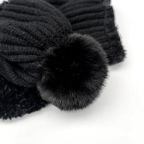 HUAMULAN Women Winter Knit Beanie Hats One Piece Fleece Lined Balaclavas - color: Black + Faux Fur