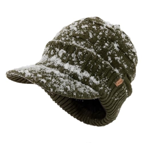 TOP-EX DryKnit™ Waterproof L/XL/XXL Fleece Lined Merino Wool Blend Beanie with Brim Visor Cap Warm Winter Hat for Men Women - color: Olive(ranger), size: X-Large-XX-Large