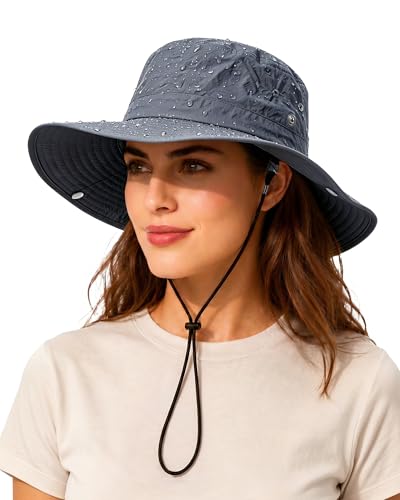 Wide Brim Waterproof Bucket Rain Hat for Women Men UPF50+ Cowboy Sun Hat - color: Grey