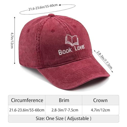 Embroidered Book Lover Baseball Cap for Men Women, Funny Washed Cotton Classic Dad Hat, Reading Lover Gift Idea - color: Book Lover, Wine Red