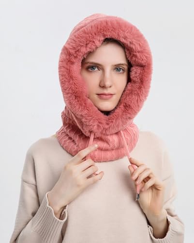 Womens Winter Hats, Warm Hooded Scarf Hat for Women, Fleece Beanie Hat with Drawstring, Balaclava Knit Skull Cap - color: Blush