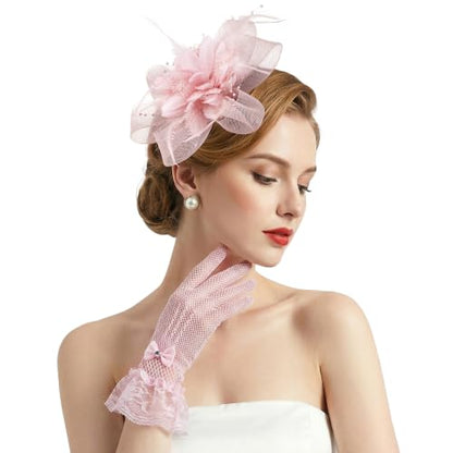 Fascinators Hats with Lace Gloves for Women Headband for Tea Party Wedding - color: Pink