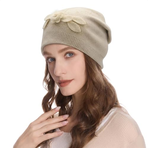 ZLYC Women Floral Slouchy Beanie Hat Double Layer Winter Knit Skull Cap - color: Small Pom Flowers Beige