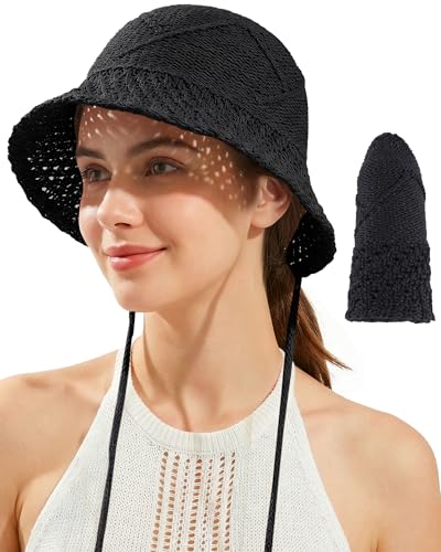 Ababalaya Women’s Lightweight Cotton Crochet Bucket Hat - color: Black