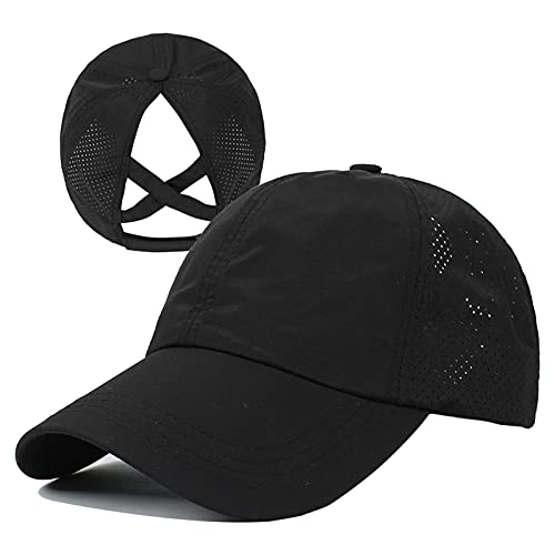 Womens Criss Cross Ponytail Hat Quick Drying Baseball Cap Sun Hats UV Protection Sport Cap - color: Black