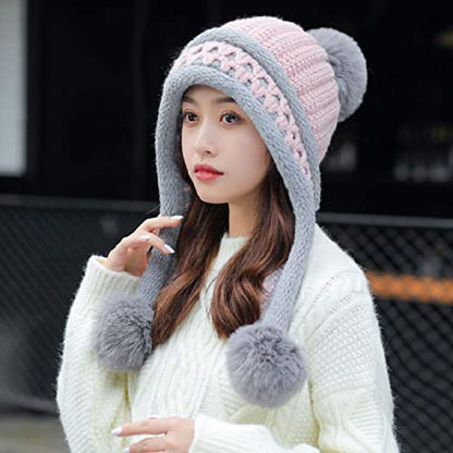 HUAMULAN Women Winter Peruvian Beanie Hat Ear Flaps Fleece Lining - color: Pink Grey