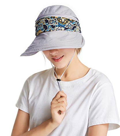 icolor Women Sun Hat UPF 50+ Sun Protection Hat Summer Outdoor Neck Shield Flap Visor Hat Ponytail Hats Wide Brim Beach Hat - color: Gray