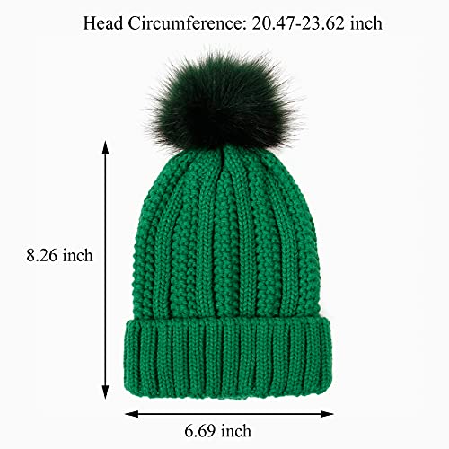 Muryobao Womens Satin Lined Beanie Hat with Faux Fur Pom Cuffed Winter Warm Knit Skull Cap - color: Green