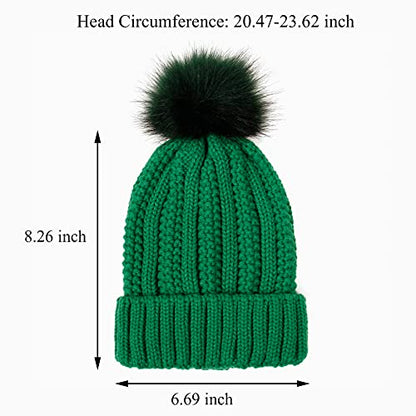 Muryobao Womens Satin Lined Beanie Hat with Faux Fur Pom Cuffed Winter Warm Knit Skull Cap - color: Green