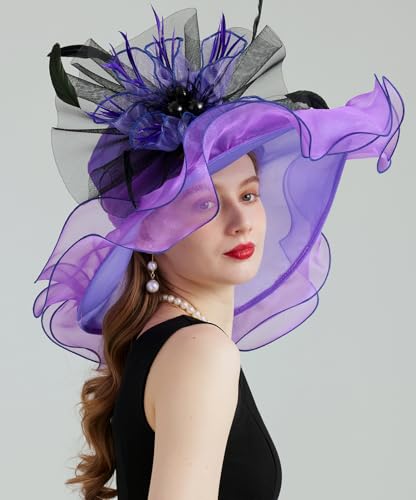 Women's Organza Church Kentucky Hat Fascinato Wedding Cocktail Tea Party Derby Hats Sun Hat - color: 01-purple
