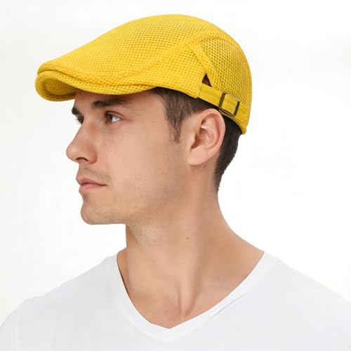 Xinveen Men's Mesh Cap Breathable Summer Newsboy Hat Adjustable Beret Ivy Cap Irish Cabbie Driving Hunting Hats - color: Yellow