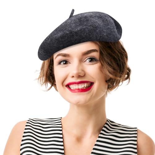 French Beret Hats for Women - Soft Warm Wool Solid Color Beanie Winter Cap - color: Black Ash