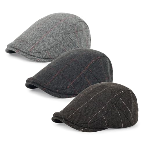 3Pcs Cotton Newsboy Hat for Men Cool Adjustable Flat Cap - color: Plaid-lightgrey+darkgrey+brown