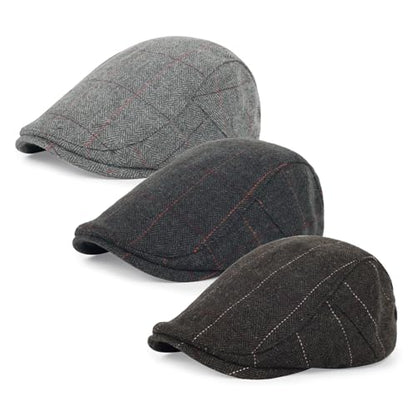 3Pcs Cotton Newsboy Hat for Men Cool Adjustable Flat Cap - color: Plaid-lightgrey+darkgrey+brown