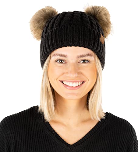 Funky Junque Women’s Double Pom Pom Beanie – Soft Knit Winter Hat for Women & Teens, Warm Cuffed Beanie with Faux Fur Poms - color: Black/Natural Faux Fur, size: Small-X-Large