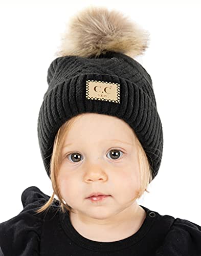 Funky Junque Mommy & Me Double Pom Beanies 3-Pack Matching Winter Hats for Mom, Toddler & Infant Girls, Cozy Knit Family Set - color: Adult/Toddler (Single Pom)/Infant (Double Pom) - Diagonal Stripes - Black (3 Pack)