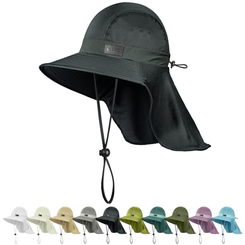 Sukeen Cooling Sun Hat for Men Women UPF50+ Wide Brim Fishing Hat with Neck Flap Adjustable Foldable Bucket Hat for Hiking - color: Black