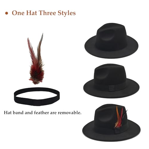Mens Fedora Hats Classic Wide Brim Fedora Hat for Women Men Dress Hats Panama Hat with Band - color: Black