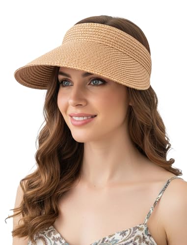 CHUNG Women Visor Sun Hat Paper Straw Wide Brim Adjutable Ponytail Packable Beach Holiday Summer Travel - color: V-khaki