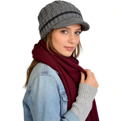 Ruphedy Mens Beanie with Brim Winter Hat Knitted Thick Fleece Visor Beanie - color: B321-grey
