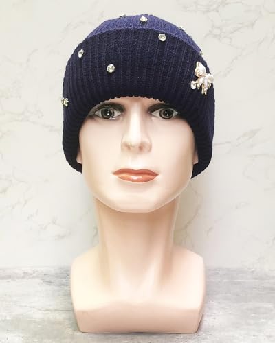 Cute Rhinestone Hat Winter Cuffed Ribbed Knitted Pearl Bow Beanie for Women Men - color: Beige