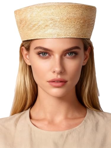 HIMESPORT Straw Pillbox Hats for Women Ladies Elegant Wedding Formal Church Tea Party Cocktail Hat - color: Khaki