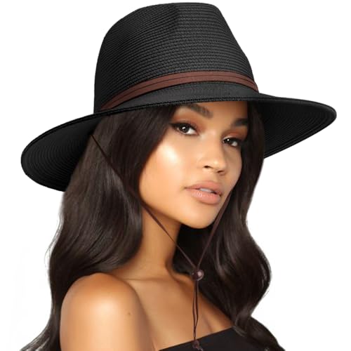 AQOKKA Summer Straw Fedora Hat for Women Men Travel Panama Hat with Wide Brim Roll Up Sun Hat for Beach Outdoor UPF 50+ - color: Panama Hat : Black