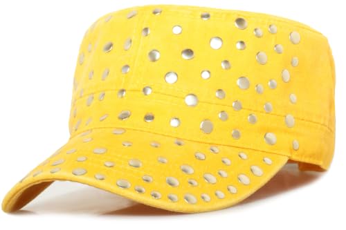 Studded Military Cap for Women Men Cadet Army Cap Flat Top Hat - color: Yellow