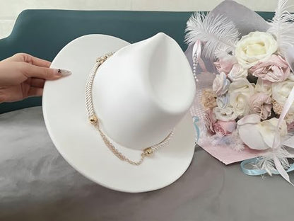 Fashion Men & Women Wide Brim Fedora Hats with Ring Belt Buckle Adjustable Church Dress Floppy Panama Hat Derby Cap - color: White