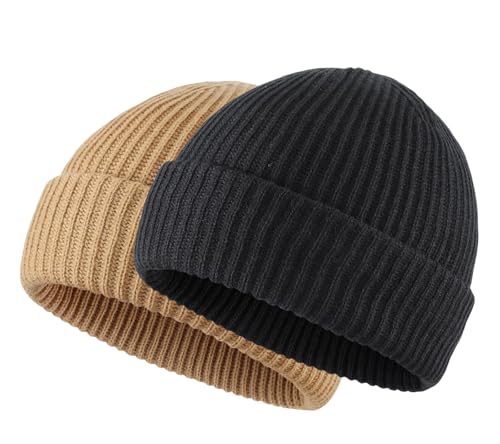 Home Prefer Rib Knit Beanie Hat for Men and Women Cuffed Beanie Winter Hat - color: Black+khaki