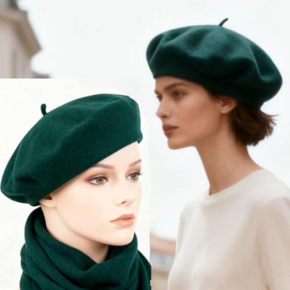 Women French Beret Hat Solid Artist Hat Wool Beret Winter Warm Beanie Cap - color: Dark Green