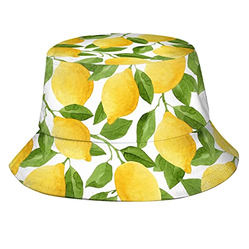 Bucket Hat Sun Beach Packable Fisherman Cap for Women Men Summer Outdoor Hiking - color: Lemon Watercolor Yellow Green