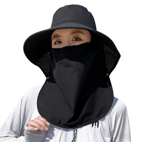 UPF 50+ 3-in-1 Sun Hat for Women, Wide Brim UV Protection Visor Hat with Detachable Neck Flap & Face Cover - color: Black