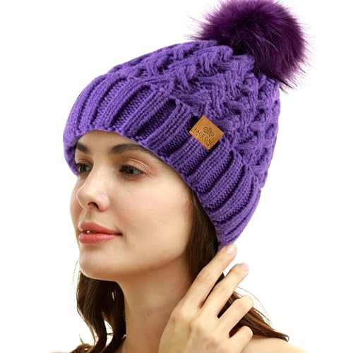 PAGE ONE Womens Winter Ribbed Beanie Crossed Cap Chunky Cable Knit Pompom Soft Warm Hat - color: Light Purple