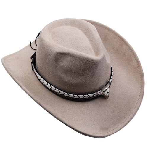 Women Men Western Cowboy Cowgirl Hat with Buckle Belt Wide Brim Outdoor Fedora Hats - color: Beige