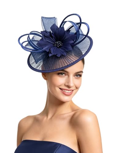 SAFERIN Elegant Women's Fascinator Hat with Veil and Feather Hair Clip Headpiece for Weddings Tea Party - color: St59-navy