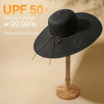 Women's Sun Straw Hat Wide Brim Floppy Foldable Hats Beach Travel Summer Vacation Hat UPF 50+ - color: Black