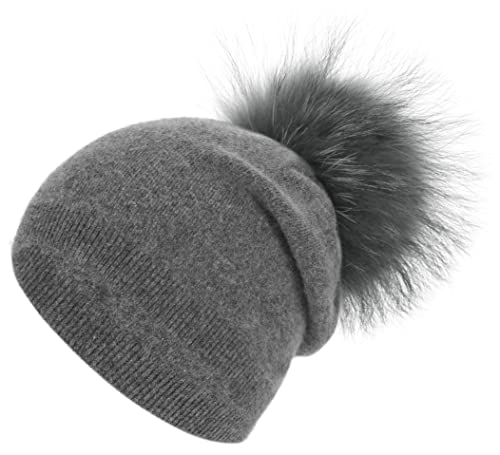 Women's Double Layer Winter Slouchy Knit Beanie Hat with Real Fur Pom Pom - color: Darkgrey Pom